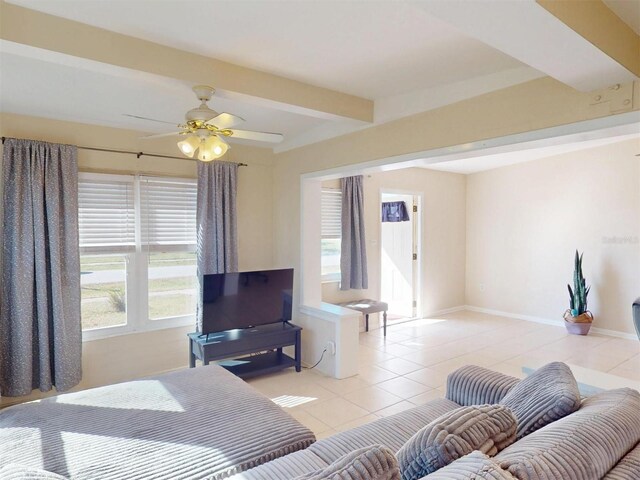 21456 Holdern Ave, Port Charlotte, FL 33952 - living room with light tile patterned floors, beam ceiling, and ceiling fan