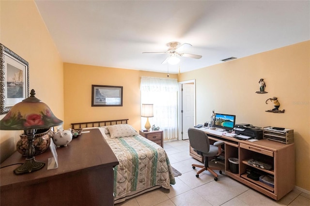 bedroom with light tile patterned floors and ceiling fan