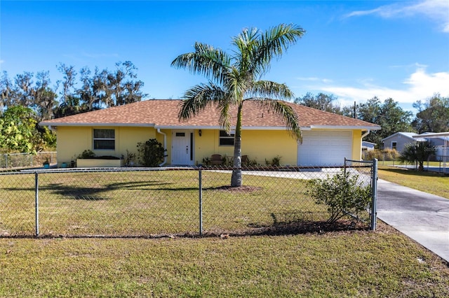 single story home with a garage and a front yard