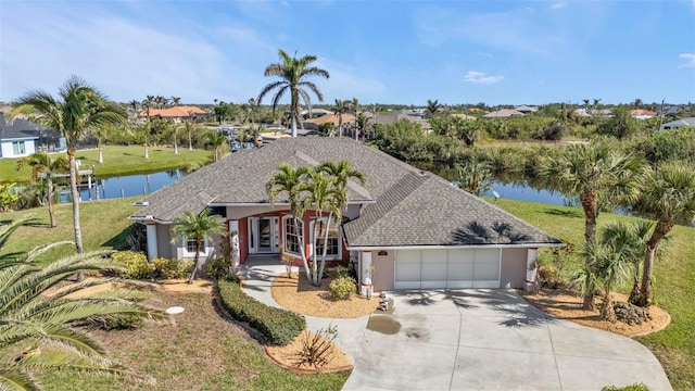 ranch-style home featuring a front yard, a garage, a shingled roof, a water view, and driveway