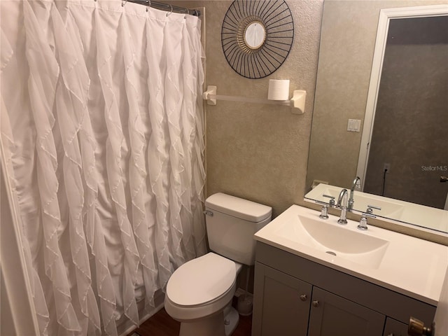 bathroom featuring toilet, vanity, and a textured wall