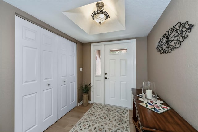 foyer entrance with light hardwood / wood-style floors