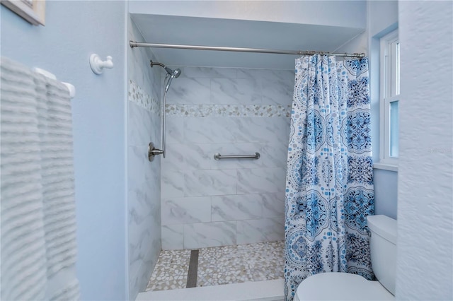 bathroom featuring toilet and a shower with shower curtain