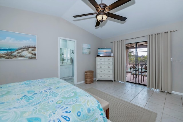 tiled bedroom featuring lofted ceiling, ensuite bath, access to outside, and ceiling fan