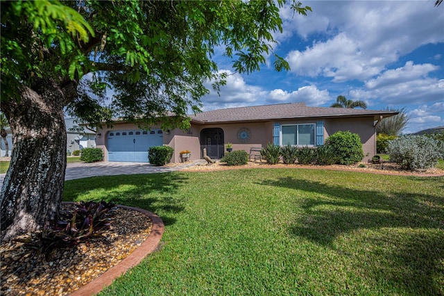 ranch-style house with a garage and a front lawn