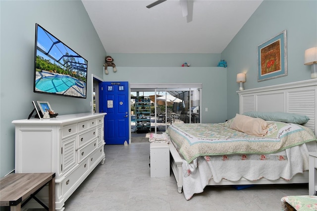 bedroom featuring ceiling fan, vaulted ceiling, and access to outside