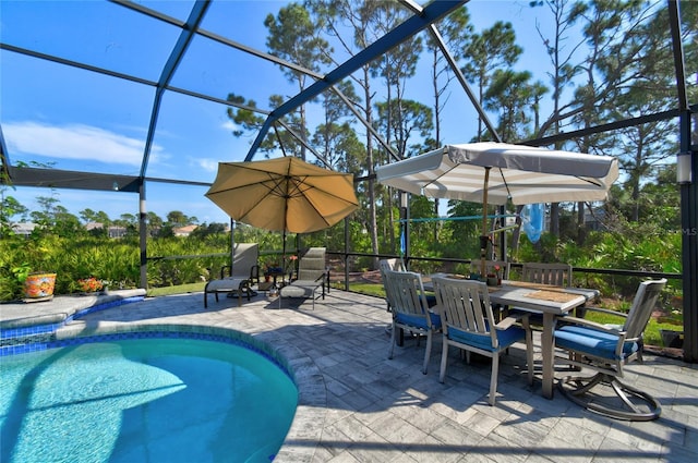 view of pool featuring a lanai and a patio