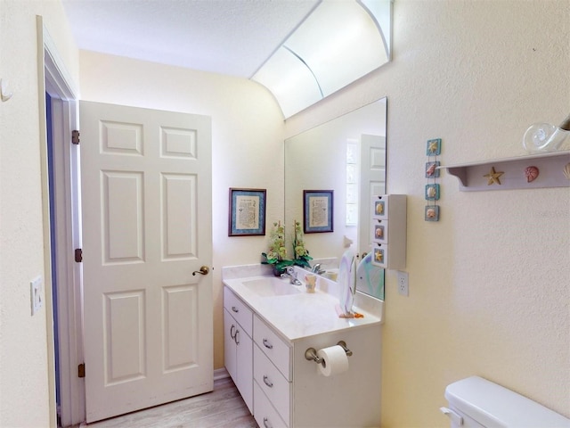 bathroom with vanity, hardwood / wood-style floors, and toilet