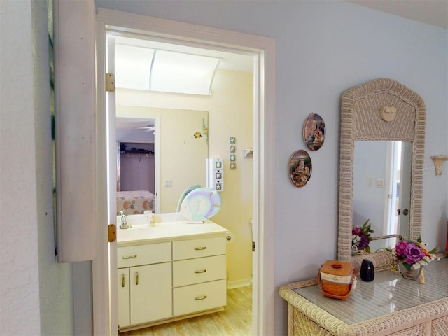 bathroom with vanity and wood-type flooring