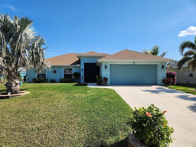 single story home with a garage and a front yard