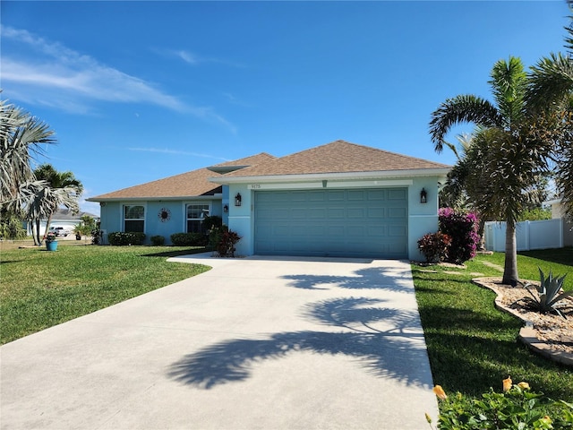 ranch-style house with a garage and a front lawn