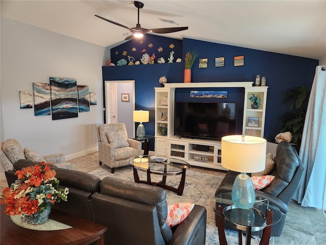 living room with vaulted ceiling and ceiling fan