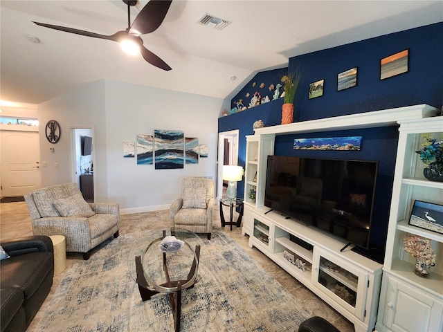 living room with vaulted ceiling and ceiling fan