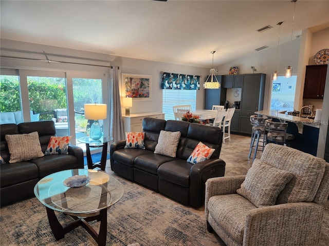 living room with lofted ceiling