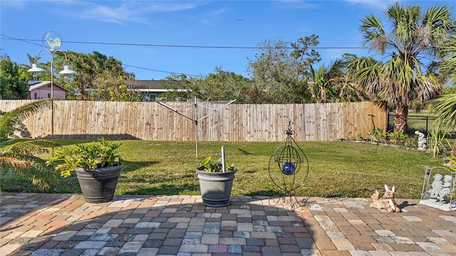 view of yard featuring a patio area and a fenced backyard