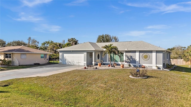 single story home with stucco siding, fence, concrete driveway, a front yard, and a garage