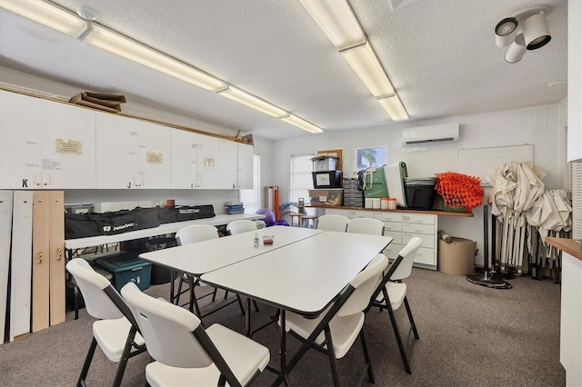 carpeted dining area with a wall unit AC and a textured ceiling