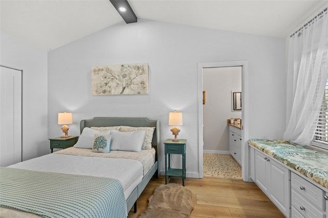 bedroom with lofted ceiling with beams, light wood-type flooring, and baseboards