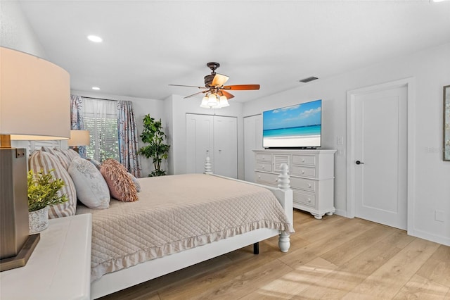 bedroom with visible vents, baseboards, a ceiling fan, light wood-style floors, and recessed lighting