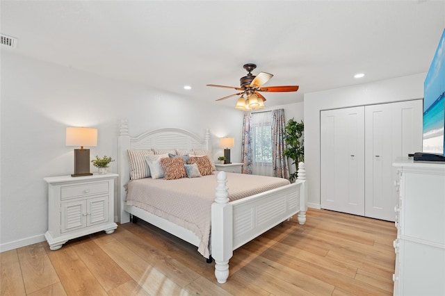 bedroom featuring light wood-type flooring, ceiling fan, baseboards, and recessed lighting