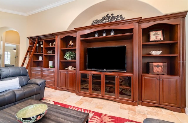 living room with crown molding