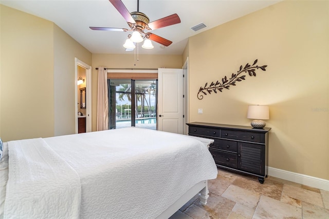 bedroom featuring access to outside and ceiling fan