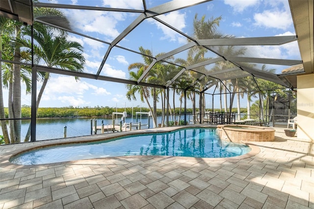 view of swimming pool with a water view, a dock, glass enclosure, an in ground hot tub, and a patio