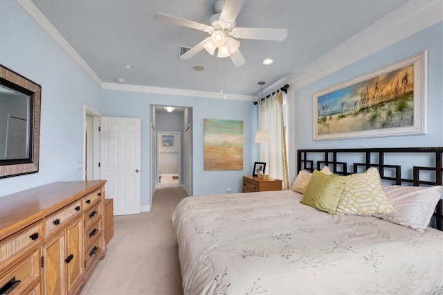 bedroom with light carpet, crown molding, and ceiling fan