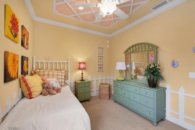 bedroom with light carpet, crown molding, coffered ceiling, and ceiling fan