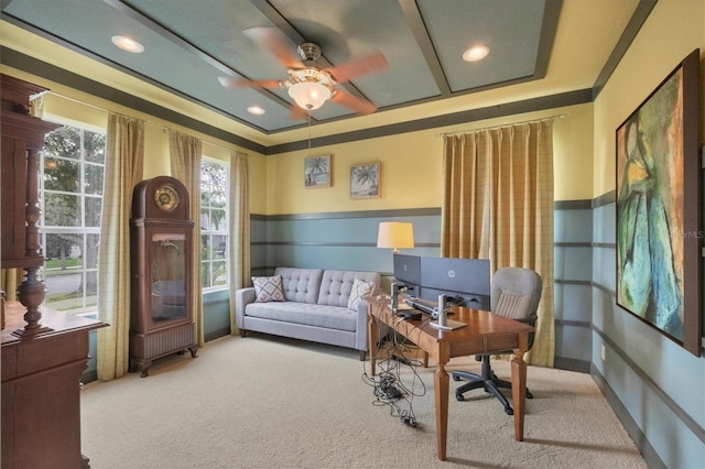 living area featuring ceiling fan and light colored carpet