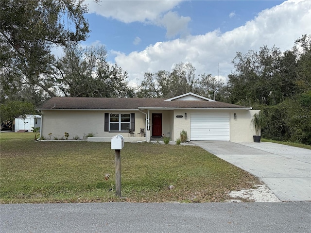 ranch-style house with a garage and a front lawn