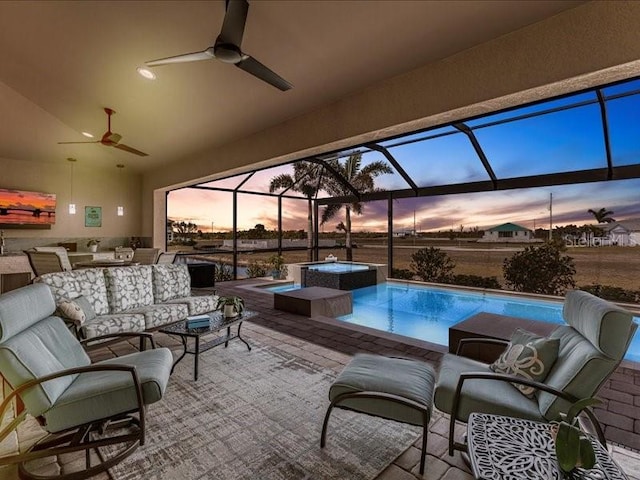 17122 Barcrest Ln, Punta Gorda, FL 33955 - view of patio / terrace featuring an in-ground hot tub, ceiling fan, an outdoor pool, outdoor lounge area, and glass enclosure