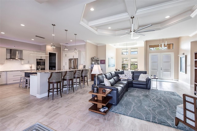 17122 Barcrest Ln, Punta Gorda, FL 33955 - living area featuring crown molding, a ceiling fan, recessed lighting, coffered ceiling, and beamed ceiling