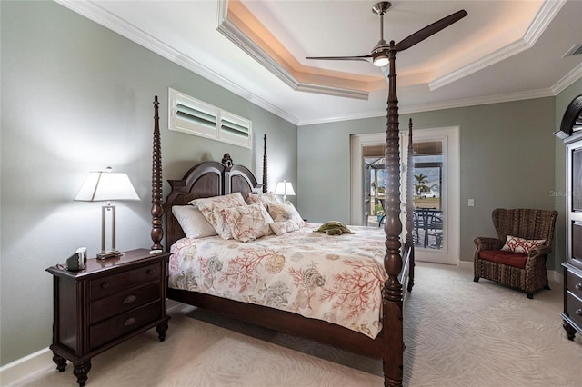 17122 Barcrest Ln, Punta Gorda, FL 33955 - bedroom featuring light carpet, a raised ceiling, access to outside, crown molding, and a ceiling fan