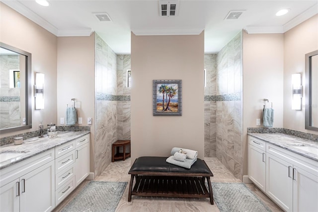 17122 Barcrest Ln, Punta Gorda, FL 33955 - bathroom featuring a walk in shower, vanity, recessed lighting, healthy amount of natural light, and ornamental molding