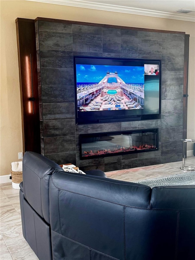 17122 Barcrest Ln, Punta Gorda, FL 33955 - home theater with ornamental molding and a tile fireplace