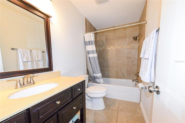 full bathroom with vanity, tile patterned floors, toilet, and shower / bathtub combination with curtain