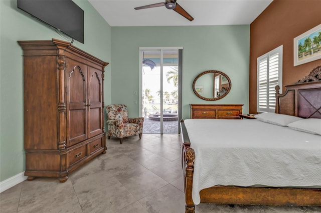 bedroom featuring multiple windows, access to exterior, ceiling fan, and light tile patterned floors