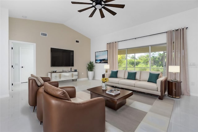 living area with lofted ceiling, visible vents, and a ceiling fan