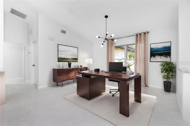 office area featuring lofted ceiling, baseboards, visible vents, and a chandelier