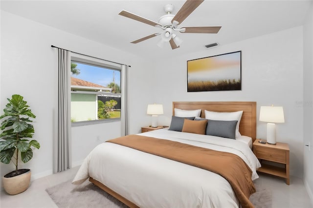 bedroom featuring ceiling fan and visible vents