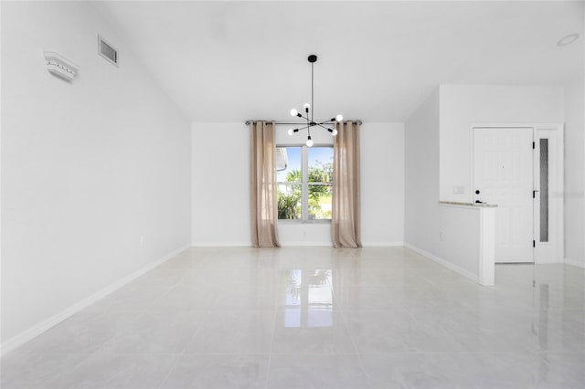 spare room featuring light tile patterned floors, visible vents, baseboards, and an inviting chandelier