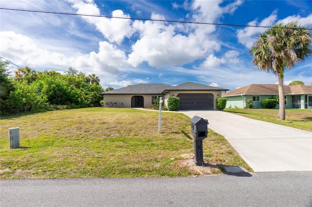 view of front of house with a garage, stucco siding, driveway, and a front yard