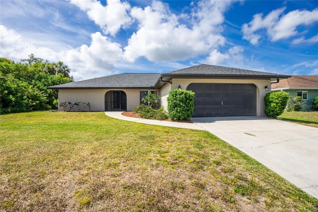 ranch-style house featuring a garage, driveway, a front lawn, and stucco siding