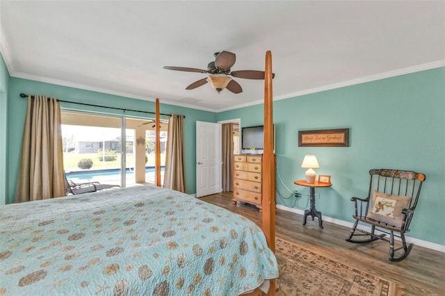 bedroom with crown molding, access to outside, ceiling fan, and hardwood / wood-style flooring