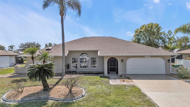 ranch-style home featuring a garage and a front yard