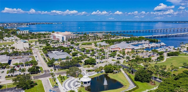 drone / aerial view featuring a water view