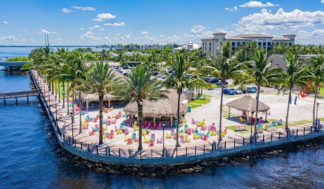 drone / aerial view with a water view