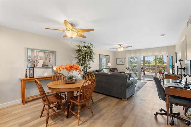 dining area with ceiling fan and light wood-type flooring