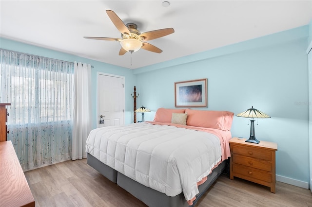 bedroom featuring ceiling fan and light hardwood / wood-style flooring